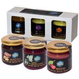 Подарунковий медовий набір №11"Anvi-honey", Крем-мед “шоколад / волоський горіх”, крем-мед “вишня”, крем-мед “чорна смородина”