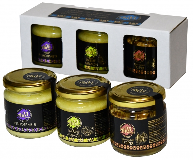 Подарунковий медовий набір №4 "Anvi-honey", Крем мед з імбиром і цедрою лимона, крем мед різнотрав’я, травневий мед з волоським горіхом