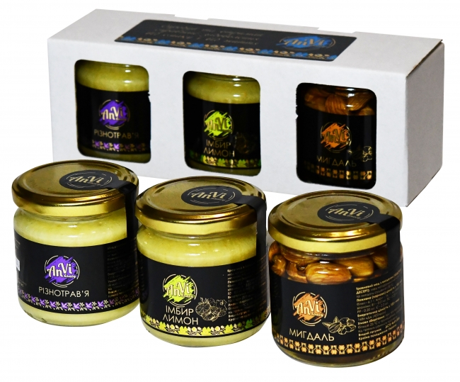 Подарунковий медовий набір №5 "Anvi-honey", Крем мед з імбиром і цедрою лимона, крем мед різнотрав’я, травневий мед з мигдалем