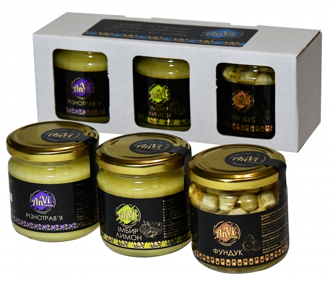 Подарунковий медовий набір №6 "Anvi-honey", Крем-мед з імбиром і цедрою лимона, крем-мед різнотрав’я, травневий мед з фундуком