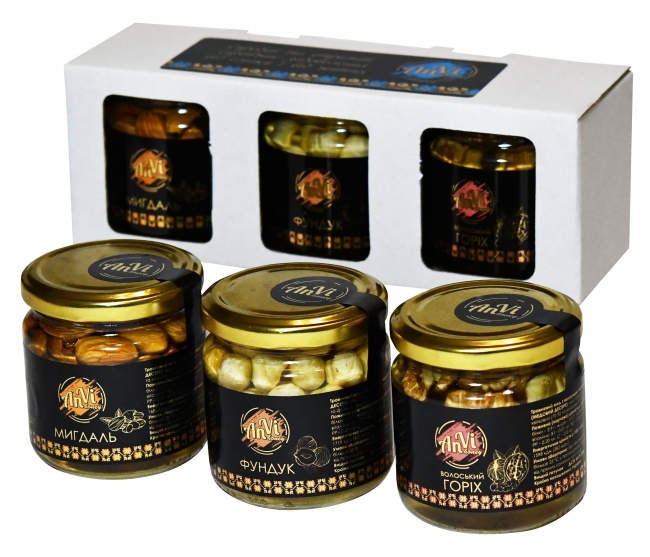 Подарунковий медовий набір №7 "Anvi-honey", травневий мед з фундуком, травневий мед з мигдалем, травневий мед з волоським горіхом