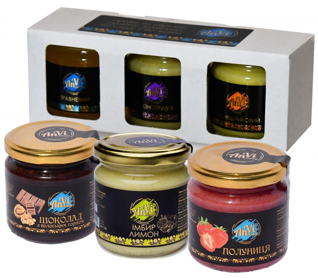 Подарунковий медовий набір №10 "Anvi-honey", мед "шоколад/горіхи", мед з імбиром і цедрою лимона, мед "полуниця"