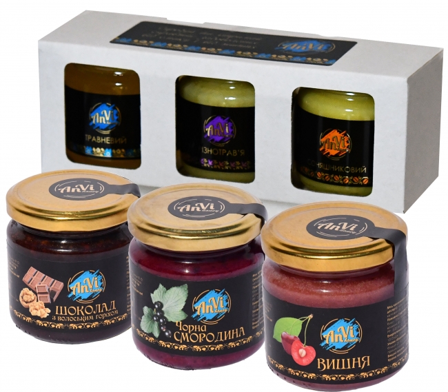 Подарунковий медовий набір №11"Anvi-honey", Крем-мед “шоколад / волоський горіх”, крем-мед “вишня”, крем-мед “чорна смородина”