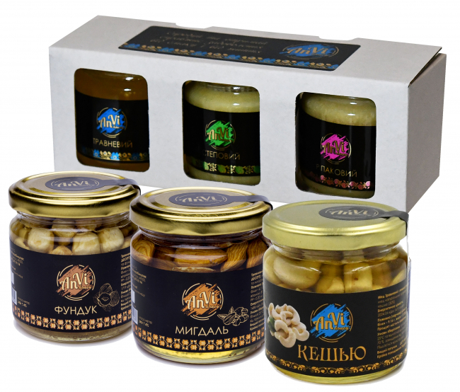 Подарунковий медовий набір №13 "Anvi-honey", Мед “фундук”, мед "мигдаль", мед "кешью"