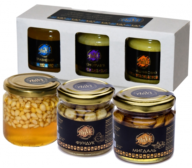 Подарунковий медовий набір №16 "Anvi-honey", Травневий мед з кедровим горіхом, травневий мед з фундуком, травневий мед з мигдалем