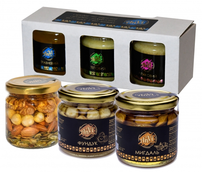 Подарунковий медовий набір №19 "Anvi-honey", Травневий мед "Горіховий мікс", травневий мед "фундук", травневий мед "мигдаль"