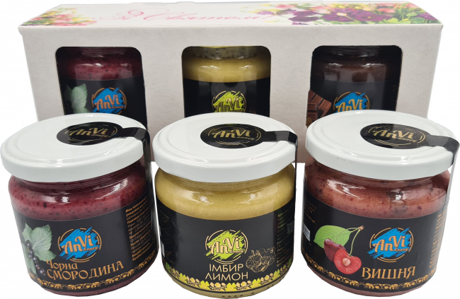 Подарунковий медовий набір №20 "Anvi-honey",Крем-мед “імбир з лимоном”, крем-мед “вишня”, крем-мед “чорна смородина”