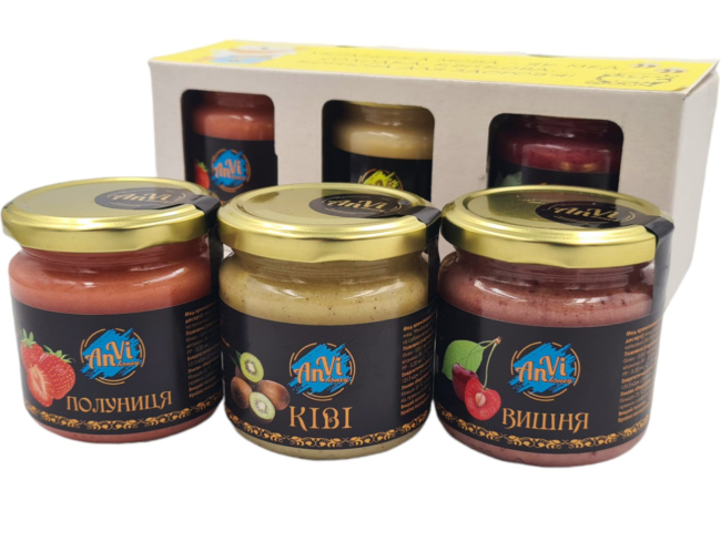 Подарунковий медовий набір №21 "Anvi-honey  мед кремований “Полуниця”, мед кремований "Вишня", мед кремований  " Ківі"
