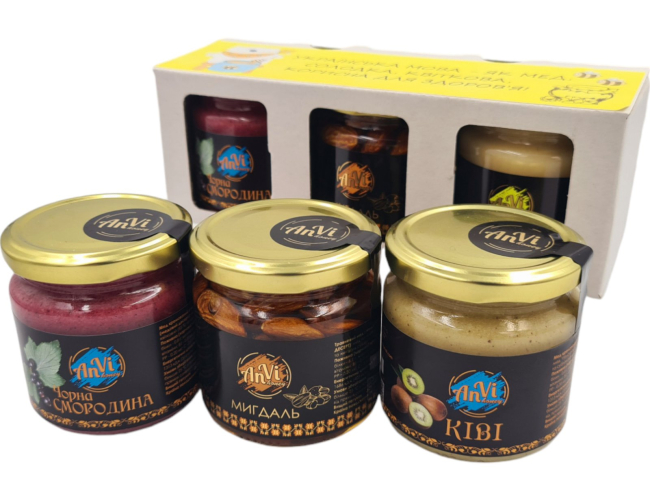 Подарунковий медовий набір №22 "Anvi-honey  мед кремований “Ківі”, мед кремований "Чорна смородина", мед травневий "Мигдаль"